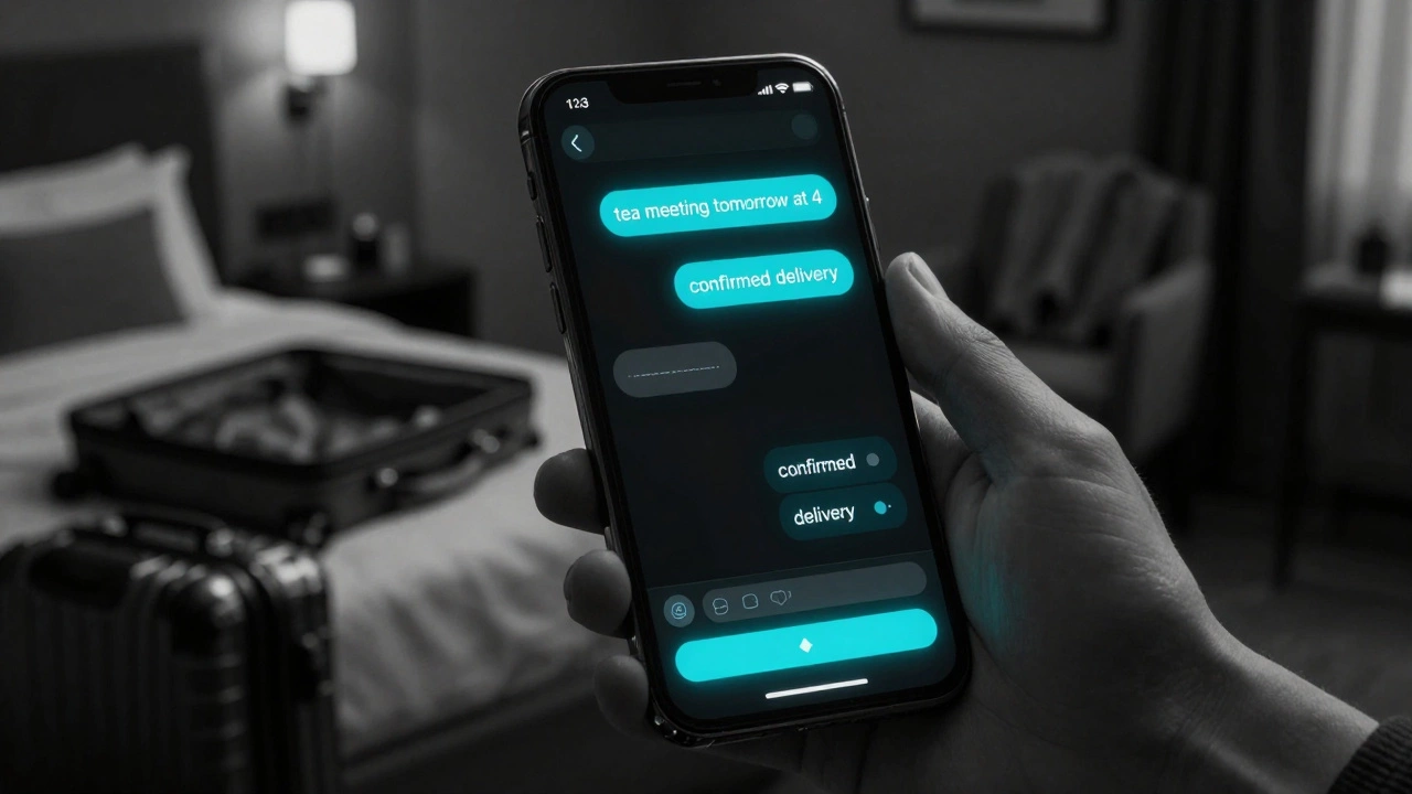 A smartphone screen displaying coded messages for a discreet meeting in a dark hotel room.