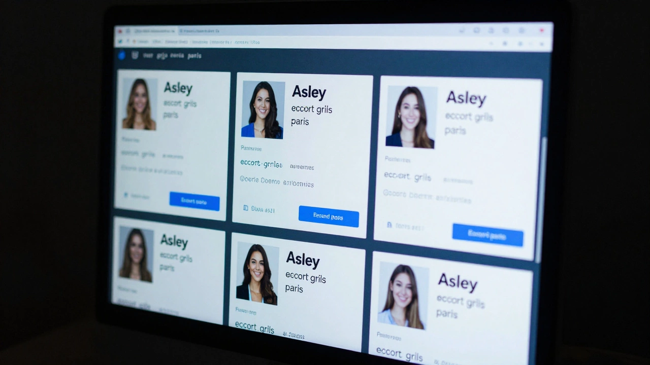 Computer screen showing duplicated escort profiles with the name &#039;Asley&#039; and misspelled search terms.