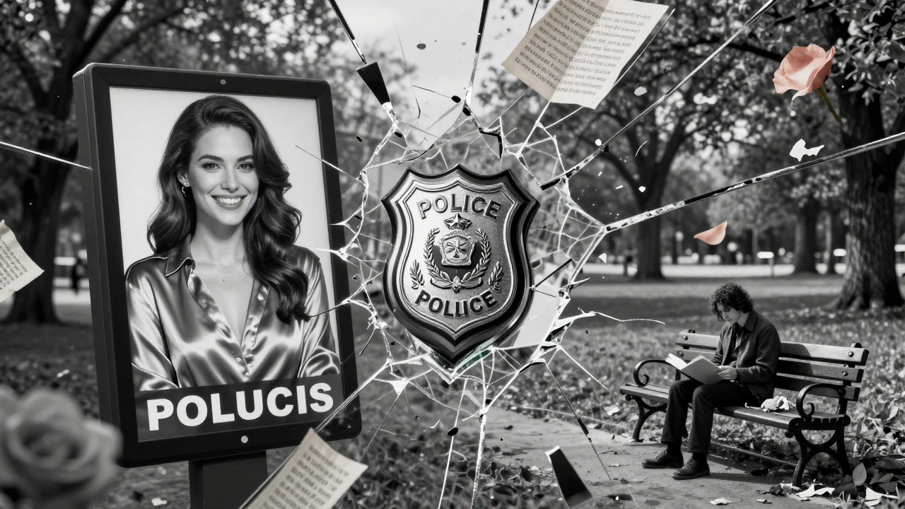 Fractured mirror reflecting an ad, a police badge, and a lonely person on a bench, symbolic and surreal.