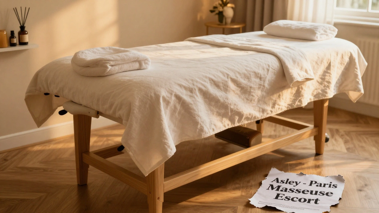 Luxurious massage table in a Paris spa, with a discarded flyer advertising a fake escort service.