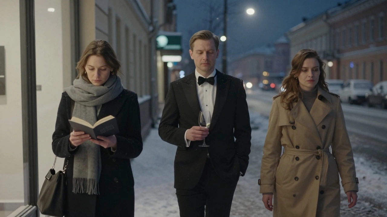 Three professionals moving through urban Russia with calm, unassuming confidence.