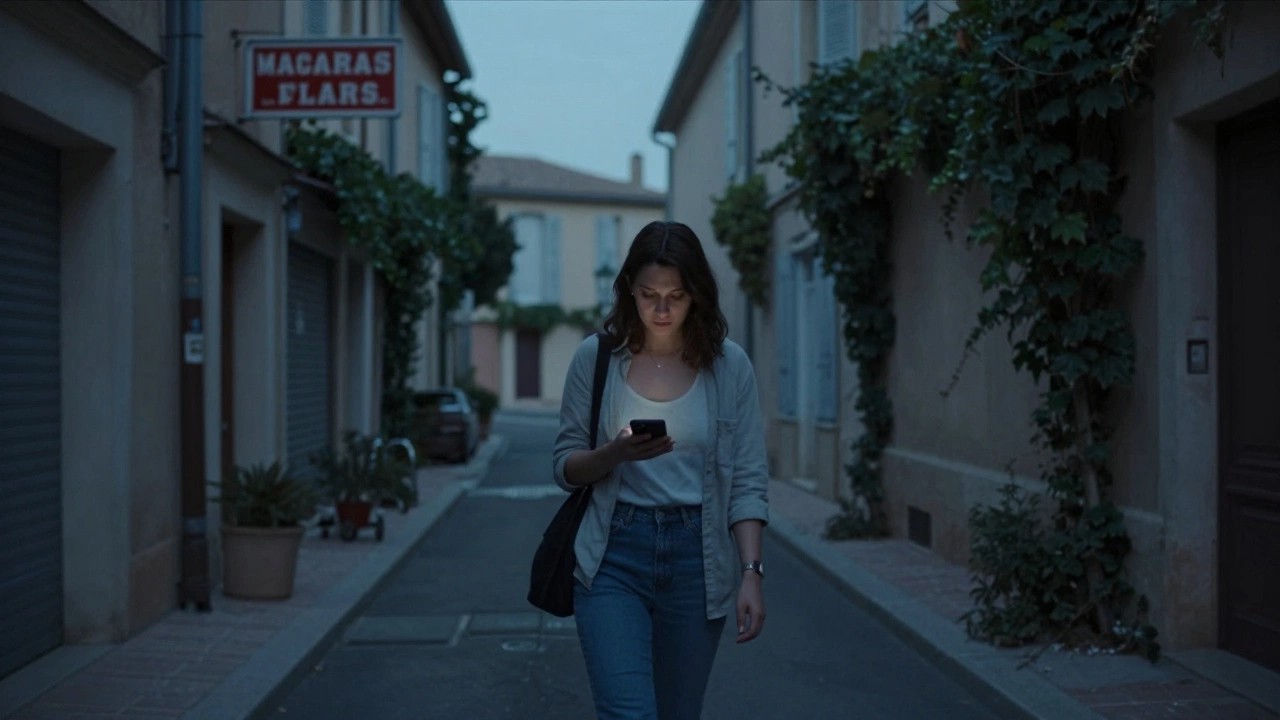 Young woman walking alone down a quiet alley in Aix-en-Provence at dusk, head down, holding a phone.
